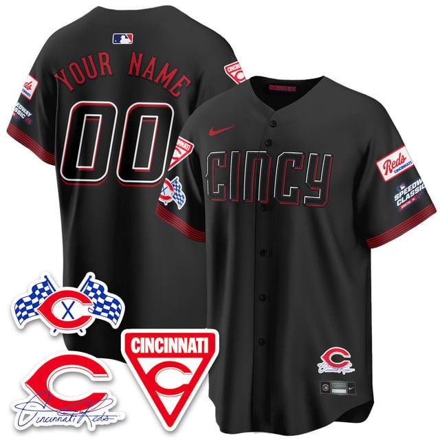 Custom Men's Cincinnati Reds 2025 Speedway Limited Jersey V2 - All Stitched Black1