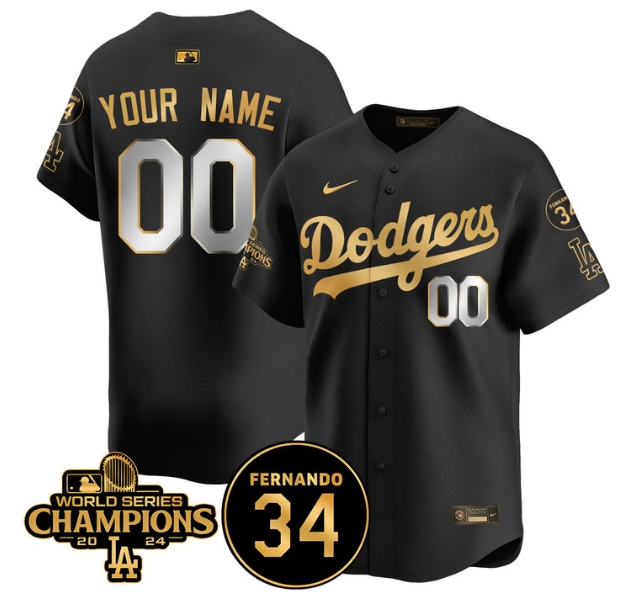 Custom Men's LA Dodgers - World Series Champions 2024Fernando Valenzuela Memorial Jersey - All Stitched N1 BLACK GOLD