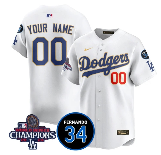 Custom Men's LA Dodgers - World Series Champions 2024Fernando Valenzuela Memorial Jersey - All Stitched N1 GOLD TRIM