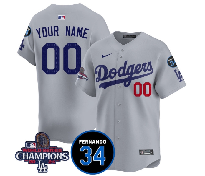 Custom Men's LA Dodgers - World Series Champions 2024Fernando Valenzuela Memorial Jersey - All Stitched N1 GRAY