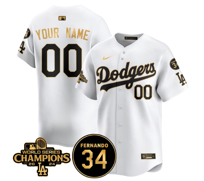 Custom Men's LA Dodgers - World Series Champions 2024Fernando Valenzuela Memorial Jersey - All Stitched N1 WHITE GOLD