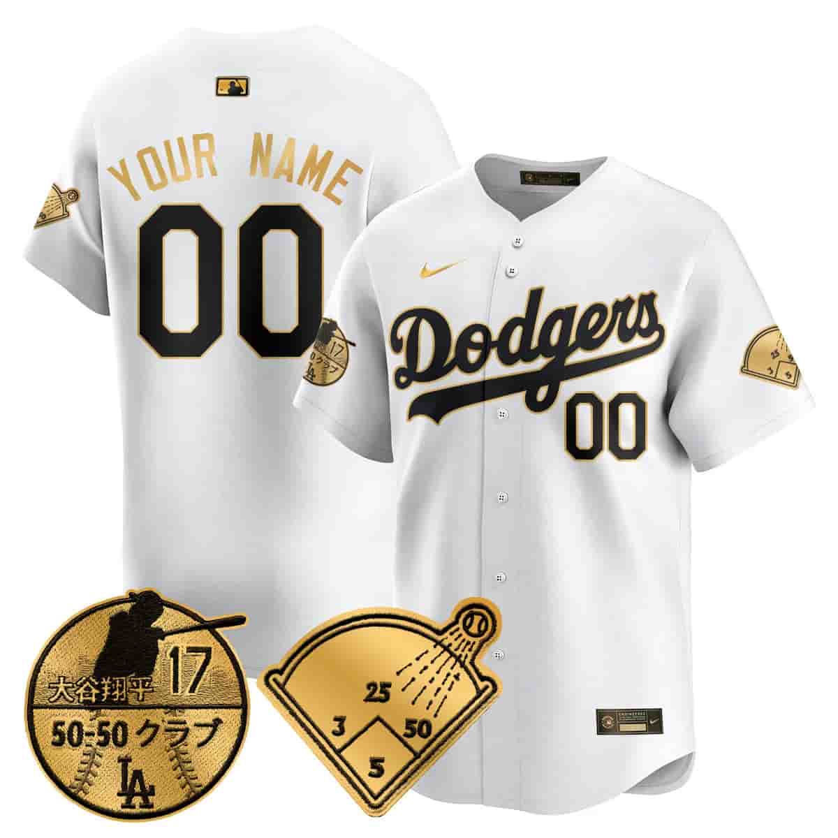 Custom Men's Los Angeles Dodgers Vapor Limited Jersey - Shohei Ohtani Patch - All Stitched White Gold