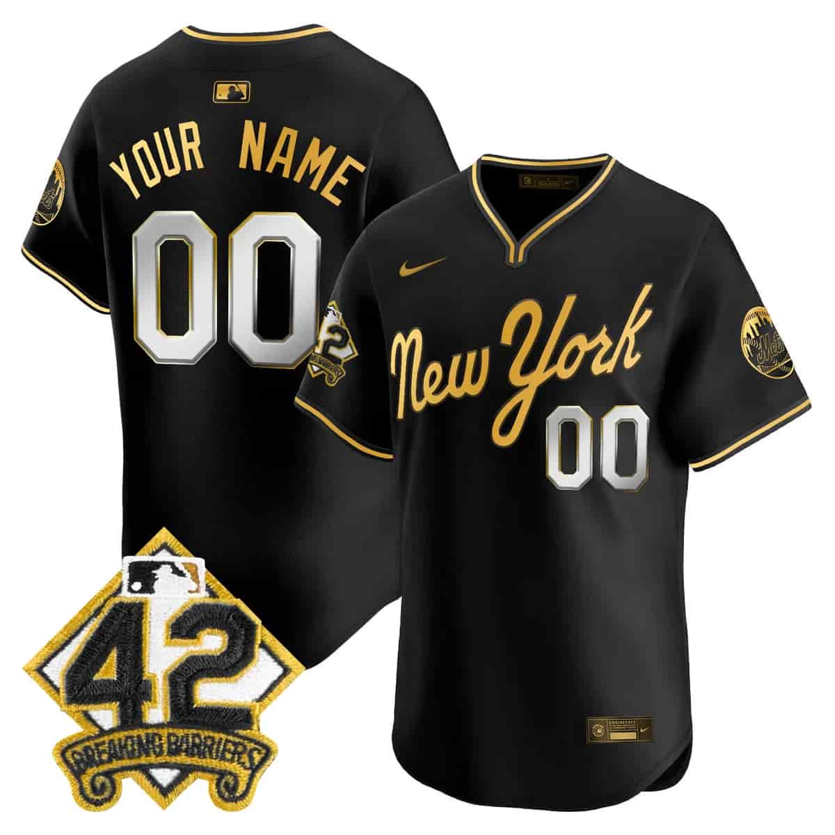 Custom Men's New York Mets 2025 Jackie Robinson Patch Road Alternate Jersey – All Stitched Black Gold  1