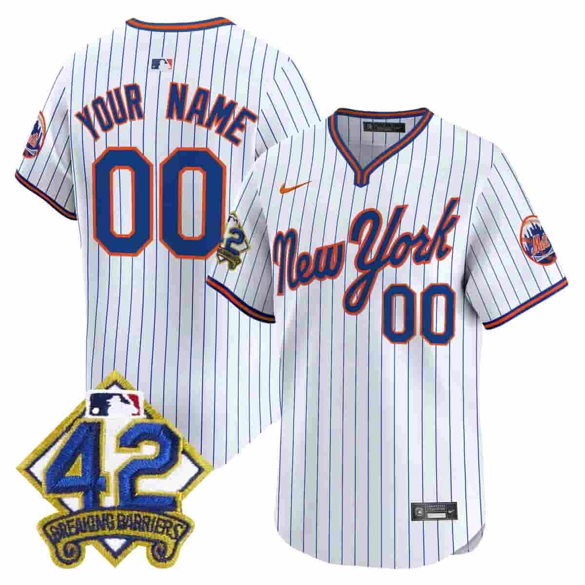 Custom Men's New York Mets 2025 Jackie Robinson Patch Road Alternate Jersey – All Stitched Pinstripe 2