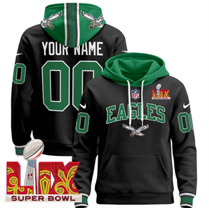 Custom Men's Philadelphia Eagles Super Bowl LIX Patch Pullover Hoodie - All Stitched  Black