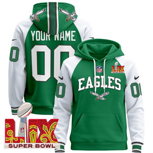 Custom Men's Philadelphia Eagles Super Bowl LIX Patch Pullover Hoodie - All Stitched  Kelly Alternate