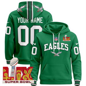 Custom Men's Philadelphia Eagles Super Bowl LIX Patch Pullover Hoodie - All Stitched  Kelly Green