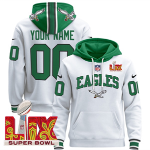 Custom Men's Philadelphia Eagles Super Bowl LIX Patch Pullover Hoodie - All Stitched Kelly White