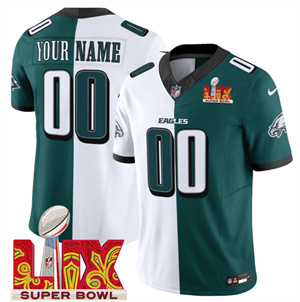 Custom Men's Philadelphia Eagles Super Bowl LIX Patch Vapor Limited Jersey - All Stitched Green Alternate  Split