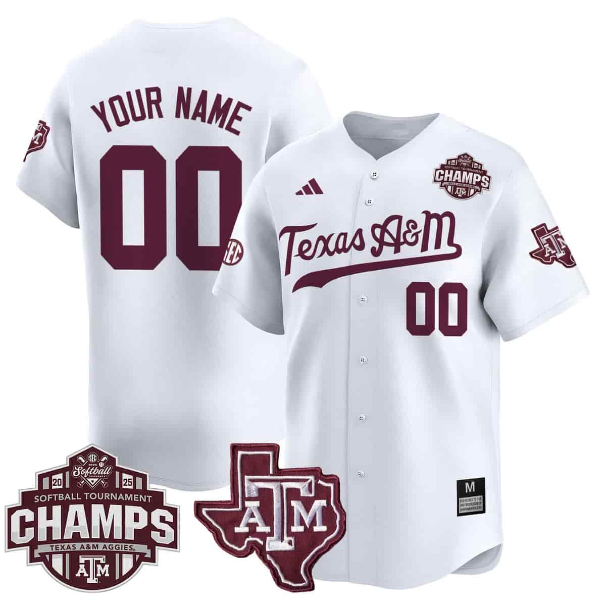 Custom Men's Size - Texas A&M Aggies 2025 SEC Softball Conference Tournament Champions Patch Vapor Premier Limited Jersey - All Stitched Pinstripe White