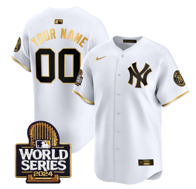 Custom Men's Yankees 2024 World Series Vapor Premier Limited Jersey - All Stitched  WHITE GOLD