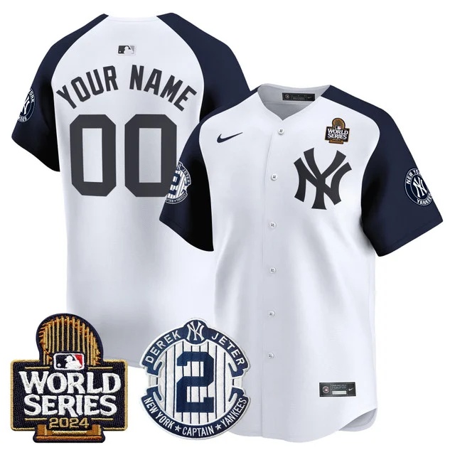 Custom Men's Yankees Derek Jeter Patch 2024 World Series Vapor Premier Limited Jersey - All Stitched White Alternate