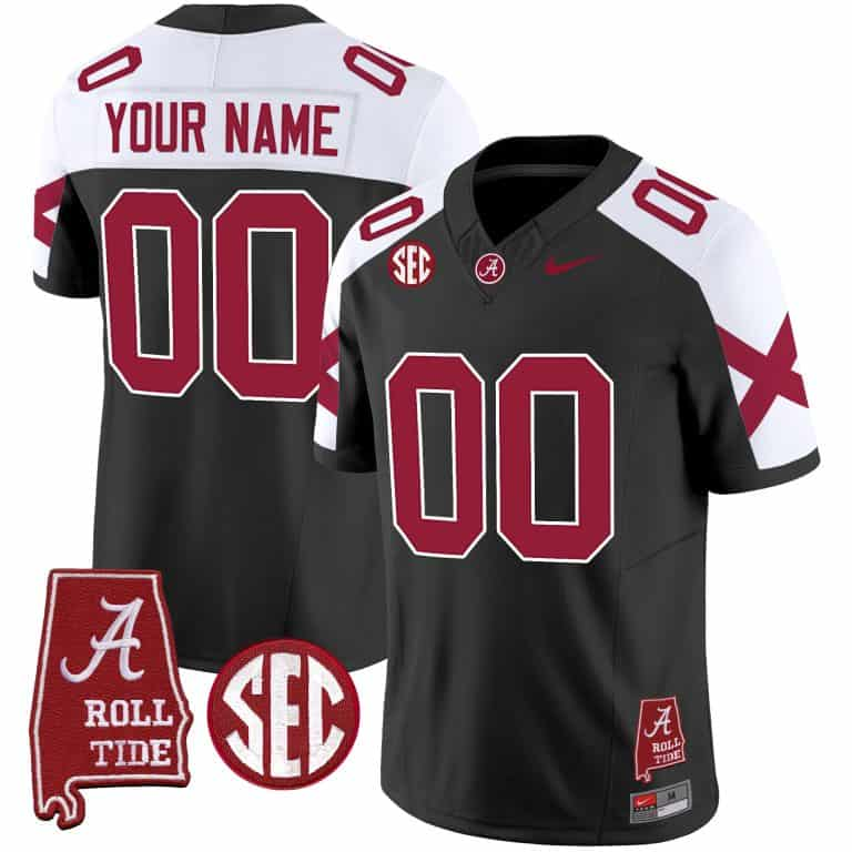 Custom Men’s  Youth Alabama Crimson Tide Vapor Limited Jersey V6 – Alabama Map  – All Stitched Black Alternate