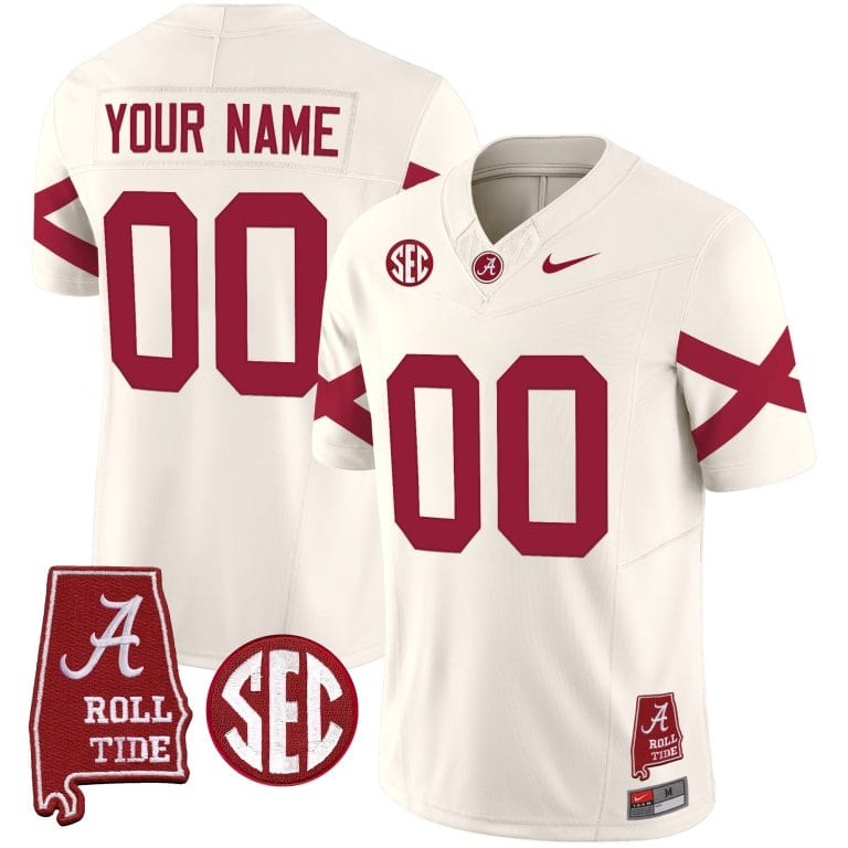 Custom Men’s  Youth Alabama Crimson Tide Vapor Limited Jersey V6 – Alabama Map – All Stitched Cream