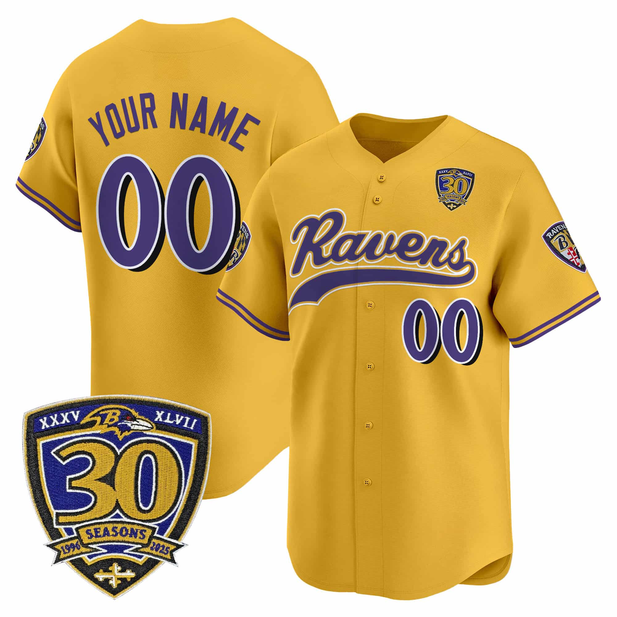 Custom Men’s Baltimore Ravens 2025 Vapor Baseball Jersey – 30th Anniversary Patch – All Stitched  Gold