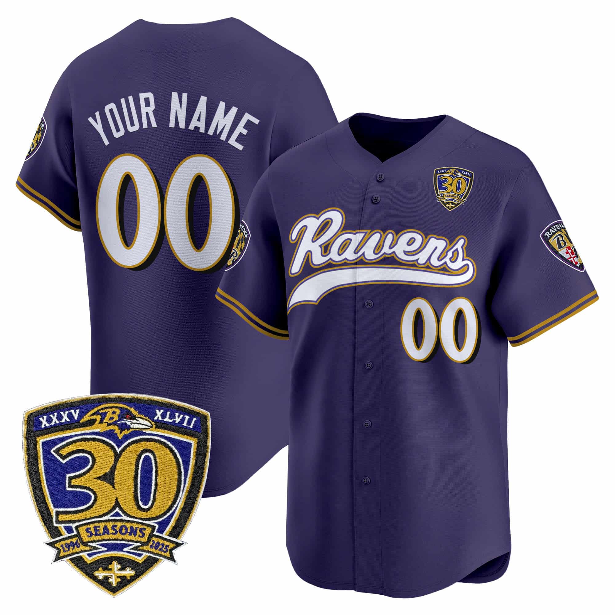 Custom Men’s Baltimore Ravens 2025 Vapor Baseball Jersey – 30th Anniversary Patch – All Stitched  Purple