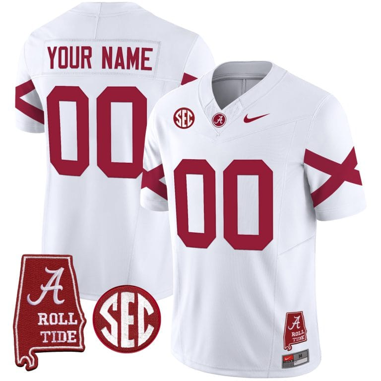 Custom Men’s Youth Alabama Crimson Tide Vapor Limited Jersey V6 – Alabama Map – All Stitched white