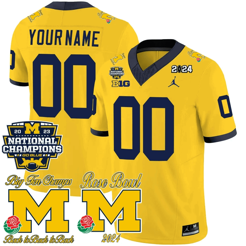 Custom Michigan Wolverines 2023 National Champions & Rose Bowl Patch Vapor Football Jersey- All Stitched Maize