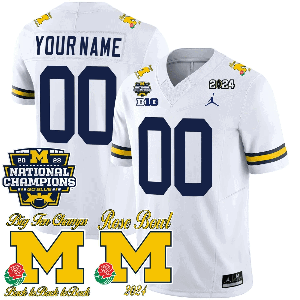 Custom Michigan Wolverines 2023 National Champions & Rose Bowl Patch Vapor Football Jersey- All Stitched White