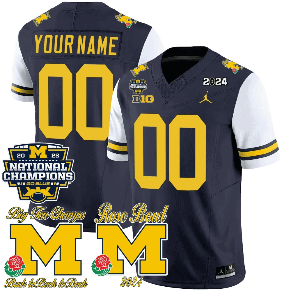 Custom Michigan Wolverines 2023 National Champions & Rose Bowl Patch Vapor Football Jersey- All Stitched White Sleeves