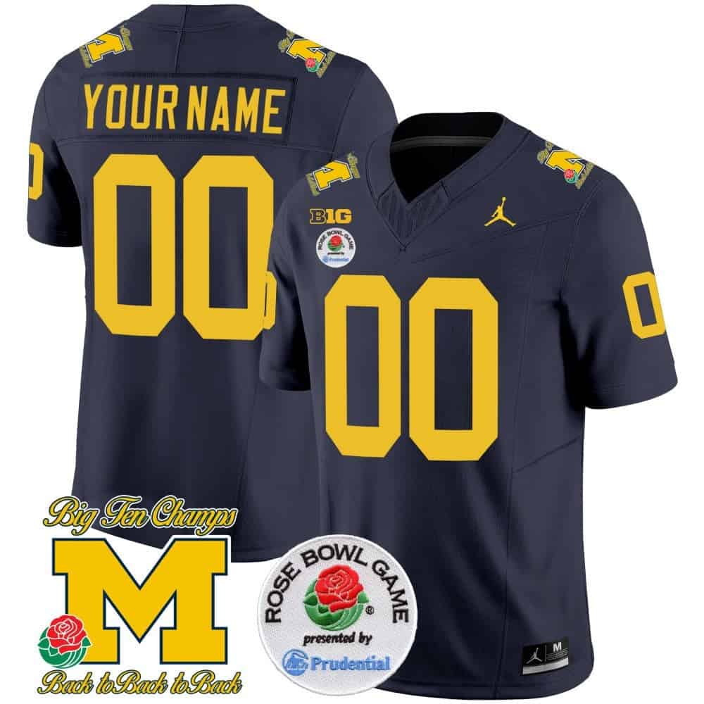 Custom Michigan Wolverines Rose Bowl Patch Vapor Limited Football Jersey – All Stitched Navy