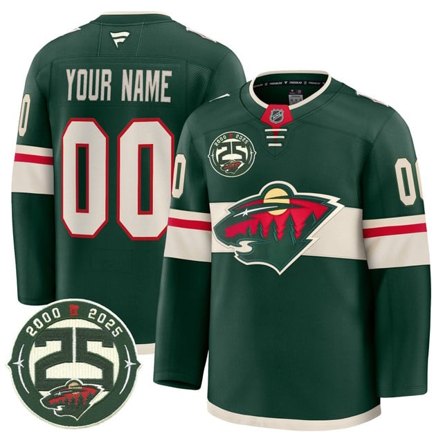 Custom Minnesota Wild 25th Anniversary Patch Premium   Jersey - All Stitched Green
