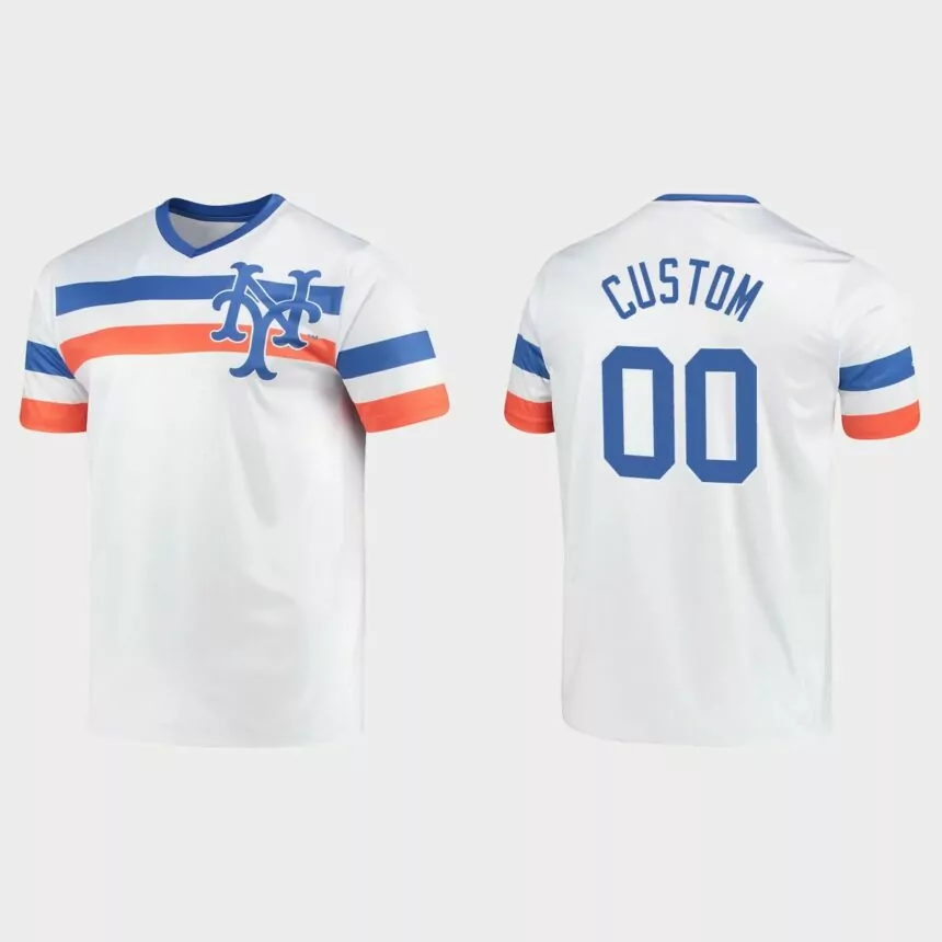 Custom New York Mets Cooperstown Collection V-Neck Jersey – White