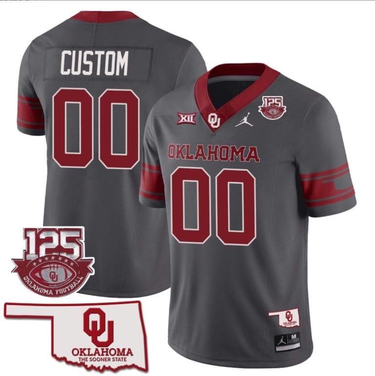 Custom Oklahoma Sooners Jersey Name and Number 125th Season Patch Football Gray