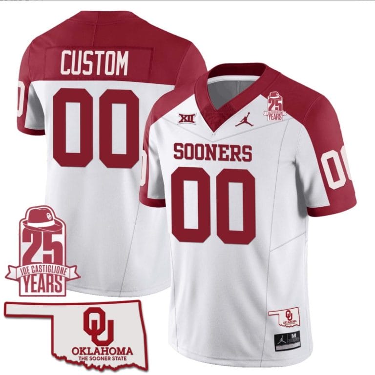 Custom Oklahoma Sooners Jersey Name and Number 25th Anniversary Patch Football Alternate White