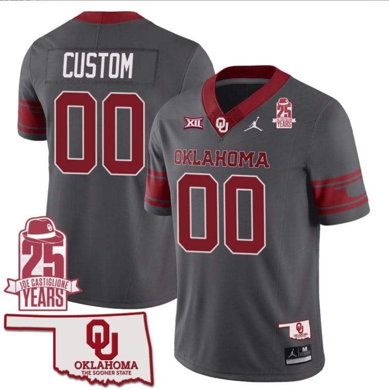Custom Oklahoma Sooners Jersey Name and Number 25th Anniversary Patch Football Gray