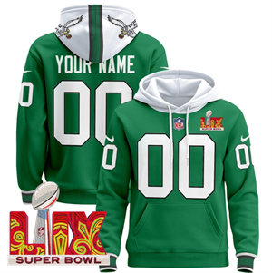 Custom Philadelphia Eagles Super Bowl LIX Patch Pullover Hoodie Kelly Green