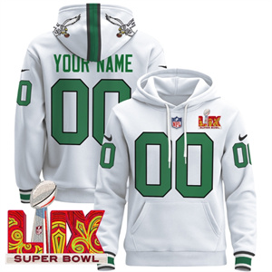 Custom Philadelphia Eagles Super Bowl LIX Patch Pullover Hoodie Kelly White