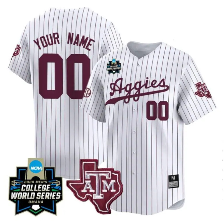 Custom Texas AM Aggies Jersey 2024 College World Series Vapor Premier Limited NCAA Baseball Stitched White Pinstripe