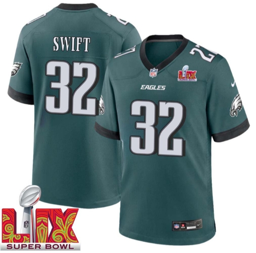 D’Andre Swift No 32 Men Super Bowl LIX Philadelphia Eagles Home Game 2025 Jersey- Replica