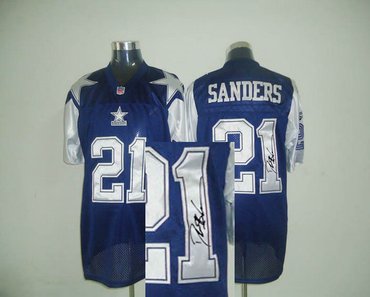 Dallas Cowboys 21# Deion Sanders Blue Throwback Jersey(Signed Elite)