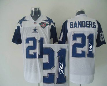 Dallas Cowboys 21# Deion Sanders White Throwback Jersey(Signed Elite)