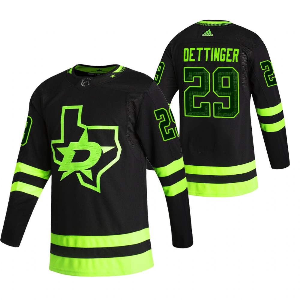 Dallas Stars Jake Oettinger 2020-21 Alternate Black Blackout Jersey Neon Skyline Green