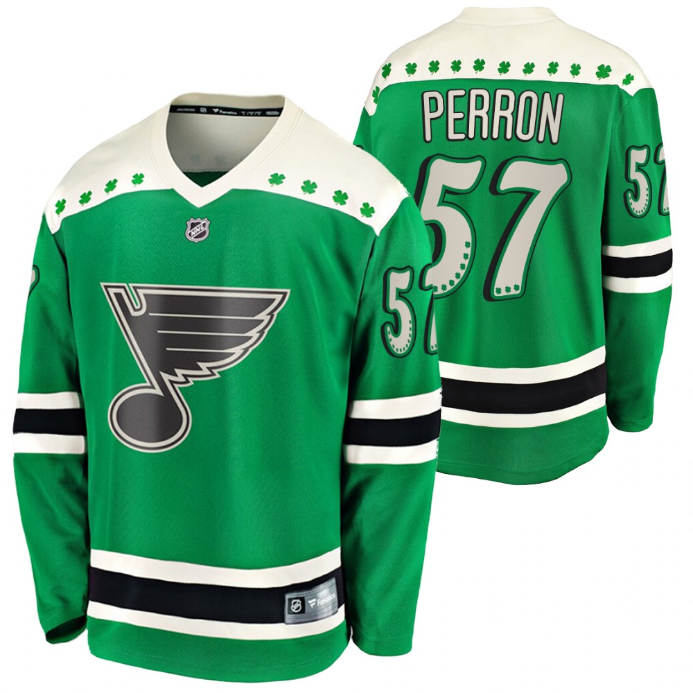 David Perron Blues 2021 St Patricks Day Green #57 Jersey