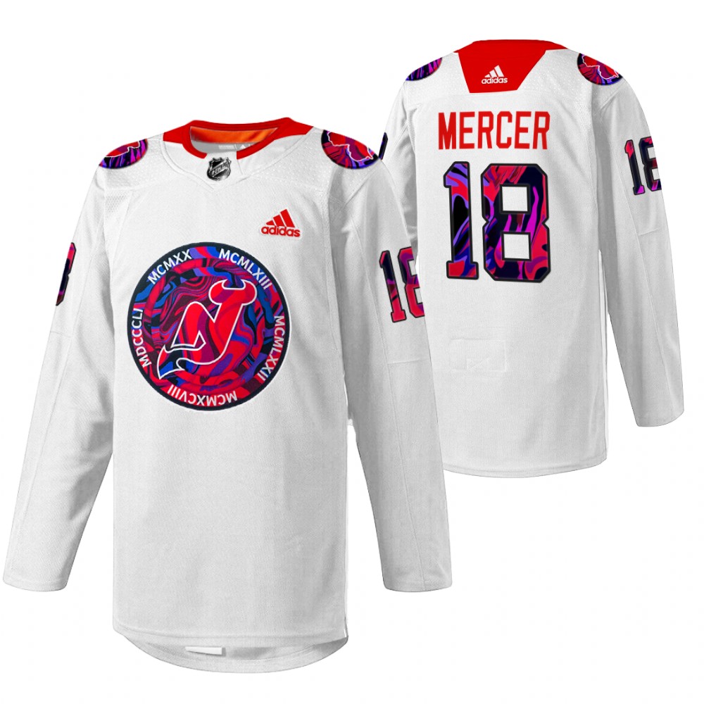 Dawson Mercer Devils Gender Equality Night Jersey White Warm-up