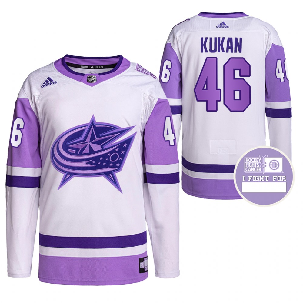 Dean Kukan Blue Jackets Hockey Fights Cancer Jersey Purple White Authentic Pro