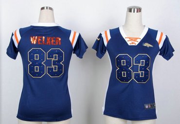 Denver Broncos 83 Wes Welker Women's Draft Him Shimmer V-Neck T-Shirt - Navy Blue