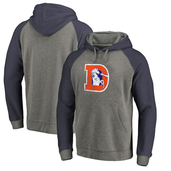 Denver Broncos NFL Pro Line By Fanatics Branded Throwback Logo Tri-Blend Raglan Pullover Hoodie Gray Navy