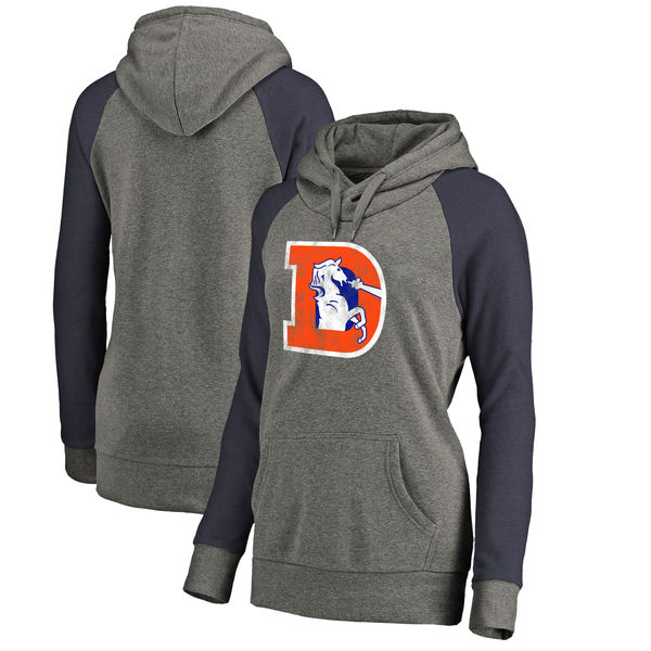 Denver Broncos NFL Pro Line By Fanatics Branded Women's Throwback Logo Tri-Blend Raglan Plus Size Pullover Hoodie Gray Navy