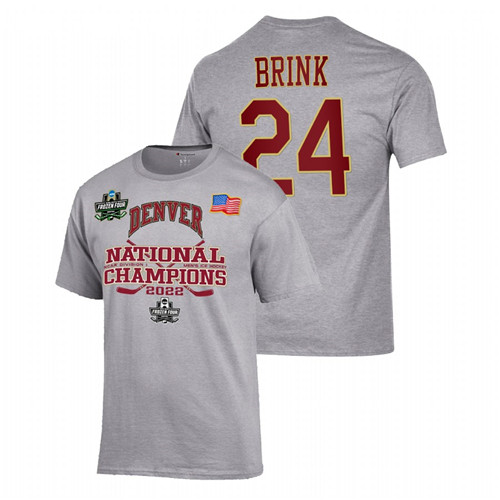 Denver Pioneers Bobby Brink 2022 NCAA Men's Ice Hockey National Champions Locker Room Gray T-Shirt Unisex