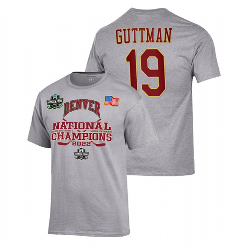 Denver Pioneers Cole Guttman 2022 NCAA Men's Ice Hockey National Champions Locker Room Gray T-Shirt Unisex