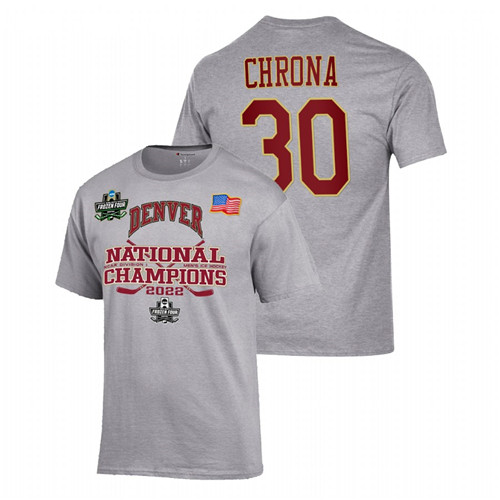 Denver Pioneers Magnus Chrona 2022 NCAA Men's Ice Hockey National Champions Locker Room Gray T-Shirt Unisex