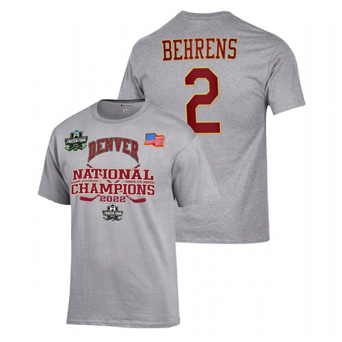Denver Pioneers Sean Behrens 2022 NCAA Men's Ice Hockey National Champions Locker Room Gray T-Shirt Unisex
