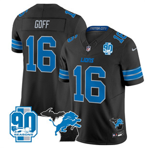 Detroit Lions 2024 Michigan & 90th Year Patch Vapor Custom Jersey - All Stitched  BLACK #16 JARED GOFF