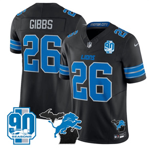 Detroit Lions 2024 Michigan & 90th Year Patch Vapor Custom Jersey - All Stitched  BLACK #26 JAHMYR GIBBS
