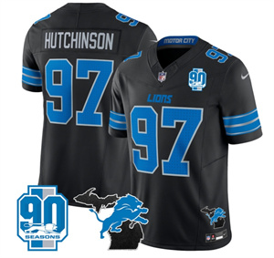 Detroit Lions 2024 Michigan & 90th Year Patch Vapor Custom Jersey - All Stitched  BLACK #97 HUTCHINSON